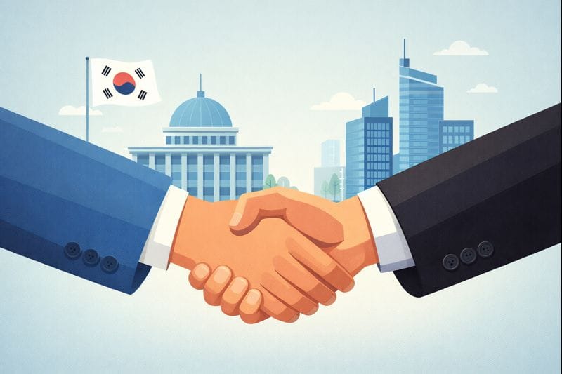 정부와 기업이 악수하는 일러스트로 2026년 정부지원사업 신청 절차를 상징적으로 표현한 이미지
