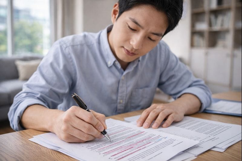사무실 책상에서 지원사업 공고문 서류의 핵심 문장을 볼펜으로 밑줄치며 꼼꼼히 확인하는 남성