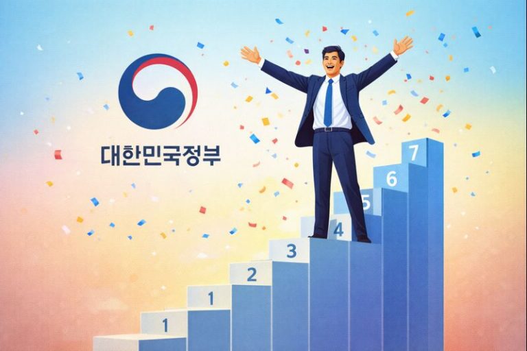 대한민국 정부 로고 앞 7단계 계단 위에서 두 팔을 벌리고 정부지원금 성공을 만끽하는 한국인 남성 일러스트
