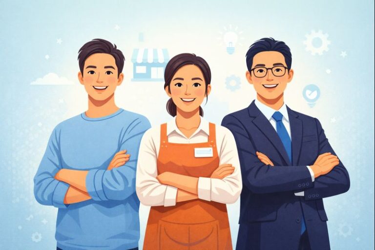 개인·소상공인·중소기업인이 팔짱을 끼고 함께 웃는 일러스트—정부지원사업 총정리용 이미지