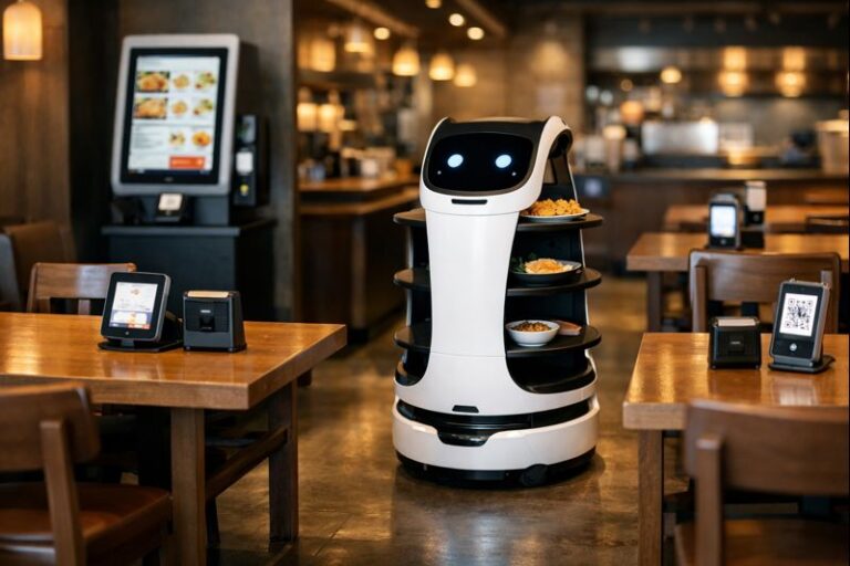 식당 내부에서 디지털 전환 지원사업 서빙로봇이 테이블 사이를 이동하고 있으며, 배경에는 키오스크가, 테이블 위에는 테이블오더 단말기가 보인다.