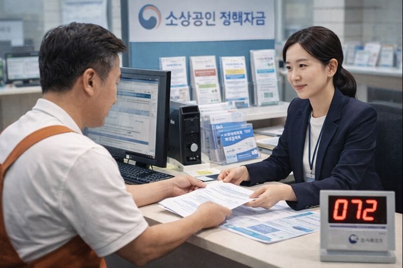 소상공인 정책자금 신청을 위해 창구에서 상담원과 상담하는 모습