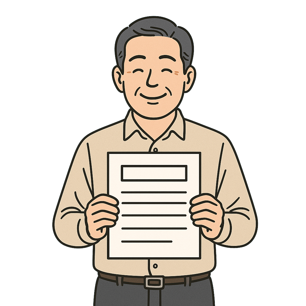 행정서류를 들고 있는 남성이 웃고있는 일러스트