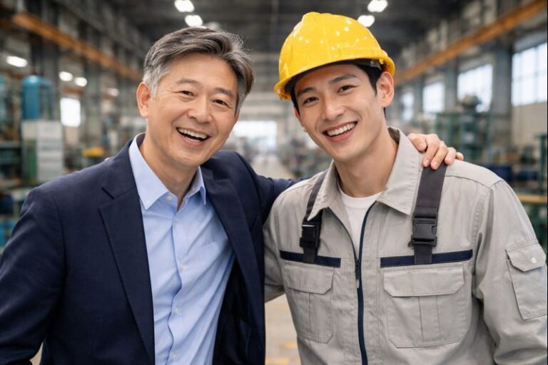 장 배경에서 중소기업 사장과 안전모를 쓴 직원이 함께 웃는 모습—중소기업 정책자금 신청 가이드용 이미지