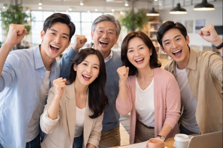 예비·초기 창업자를 포함한 다양한 연령대의 남녀가 공동 작업공간에서 주먹을 쥐고 화이팅을 외치는 장면—2026 창업지원사업 총정리용 이미지