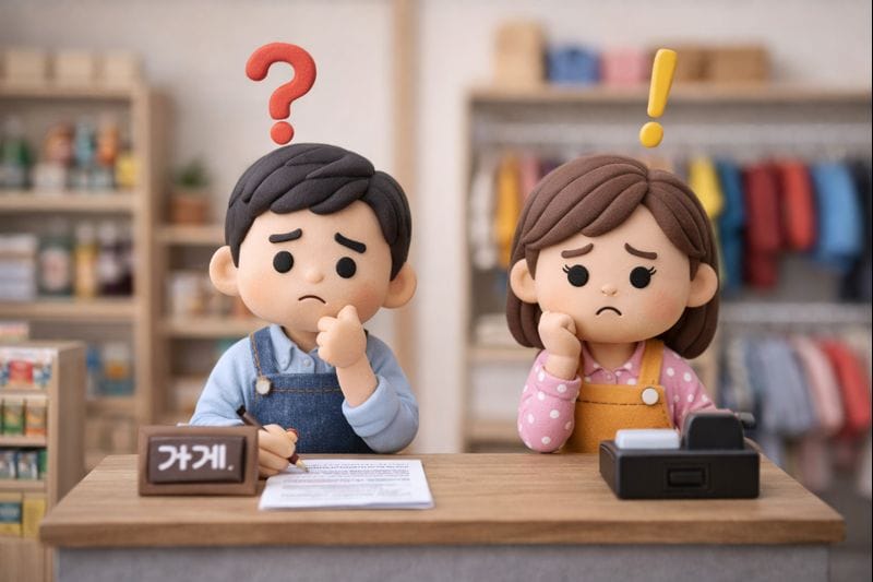 가게 계산대에서 남녀 소상공인 인형이 창업지원사업과 정책자금으로 고민하는 모습, 머리 위에 물음표와 느낌표 아이콘이 떠 있음