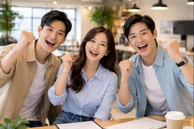 청년 남녀 3명이 공동 작업공간에서 청년 창업 지원금 도전을 외치며 화이팅하는 모습