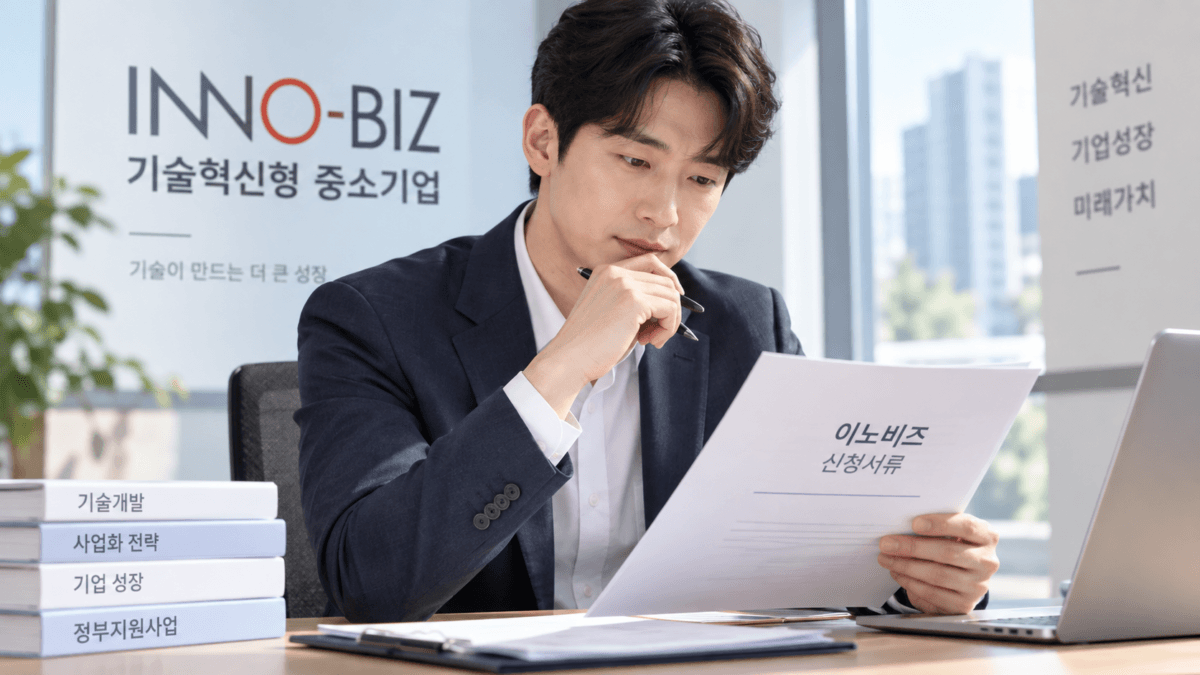 책상에 앉아 이노비즈 신청서를 보면서 신청할지 고민하고 있는 대표