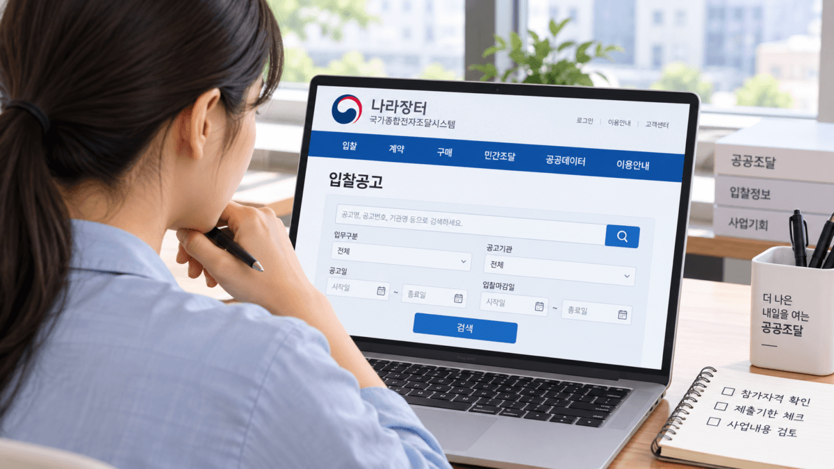 노트북으로 조달청 입찰공고 확인하는 여성 직원