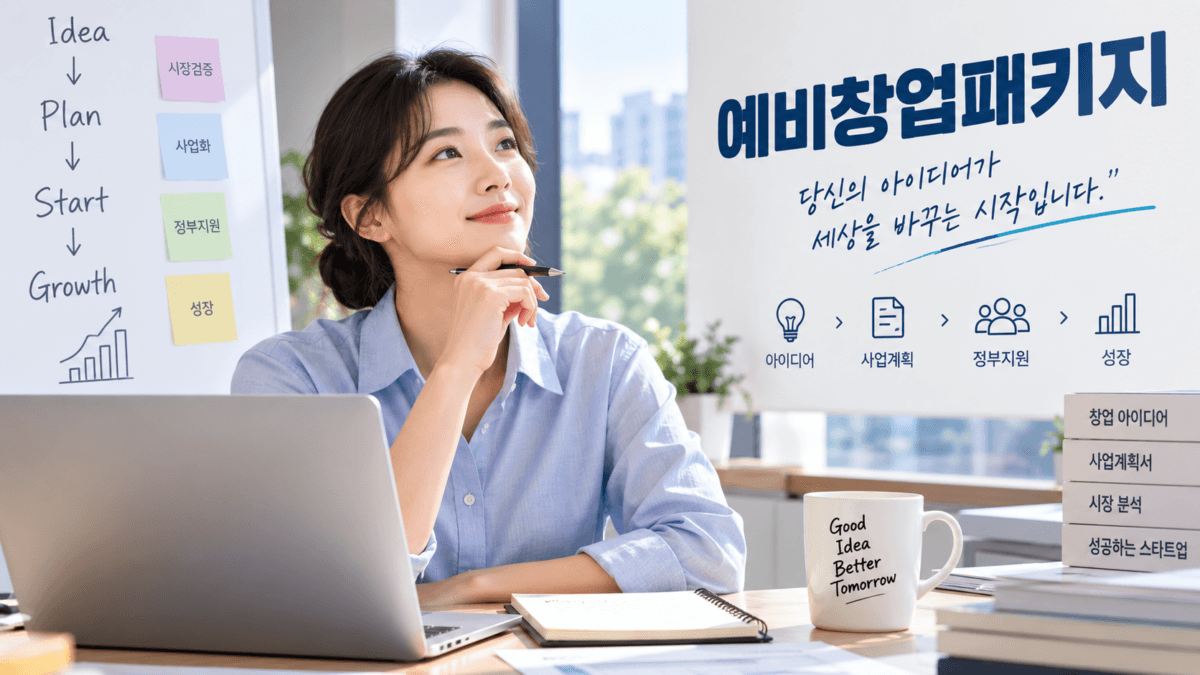 노트북이 있는 책상에 앉아 예비창업패키지 도전 성공에 기대하고 있는 여성의 모습. 턱에 손을 괴고 허공을 바라보고 있다.