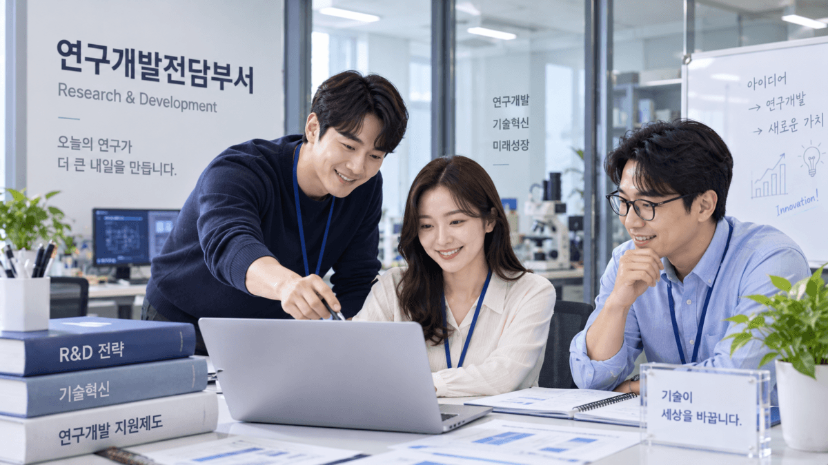 연구개발전담부서라고 적힌 사무실에서 남자2명과 여자 1명이 회의를 하고 있다