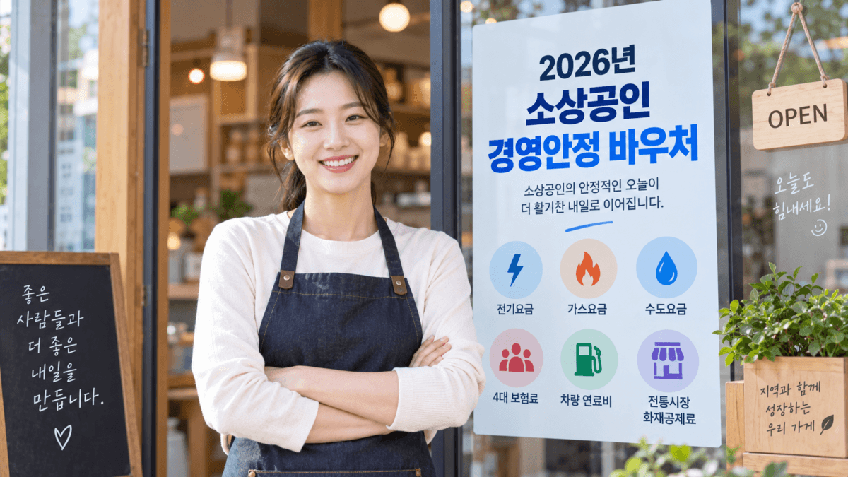 여성 소상공인이 2026년 소상공인 경영안정 바우처 홍보물 앞에서 팔짱끼고 환하게 웃고있다.