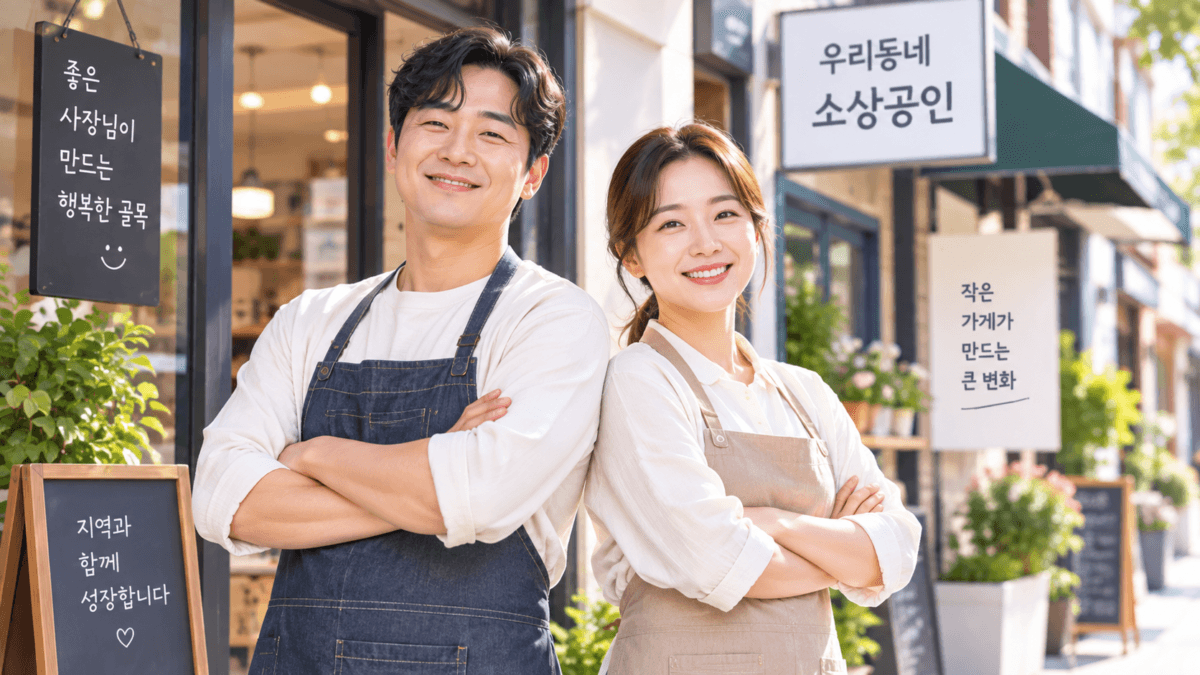 소상공인 확인서 발급받은 젊은 부부가 가게 앞에서 서로 등지고 환하게 웃고있다.