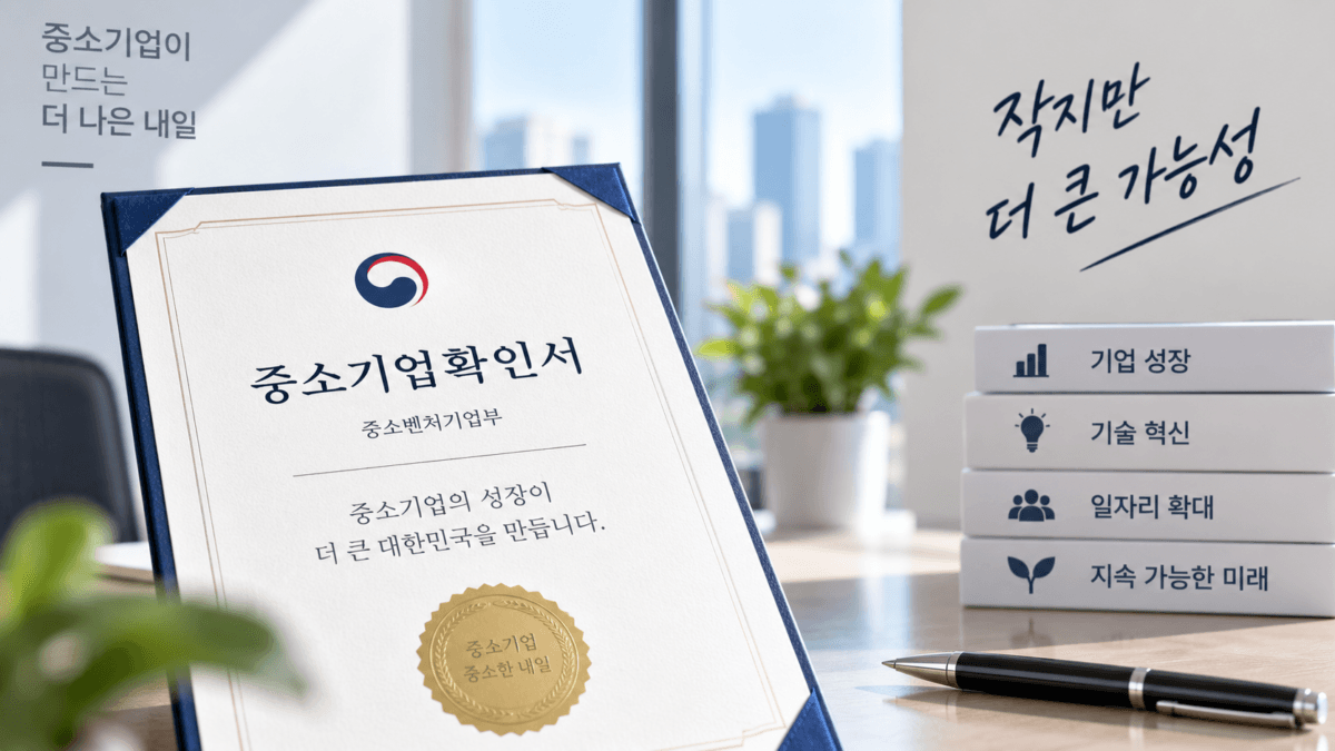 창문이 보이는 책상위에 책과 중소기업 확인을 위한 확인서가 놓여있다. 옆에는 만년필도 보인다.