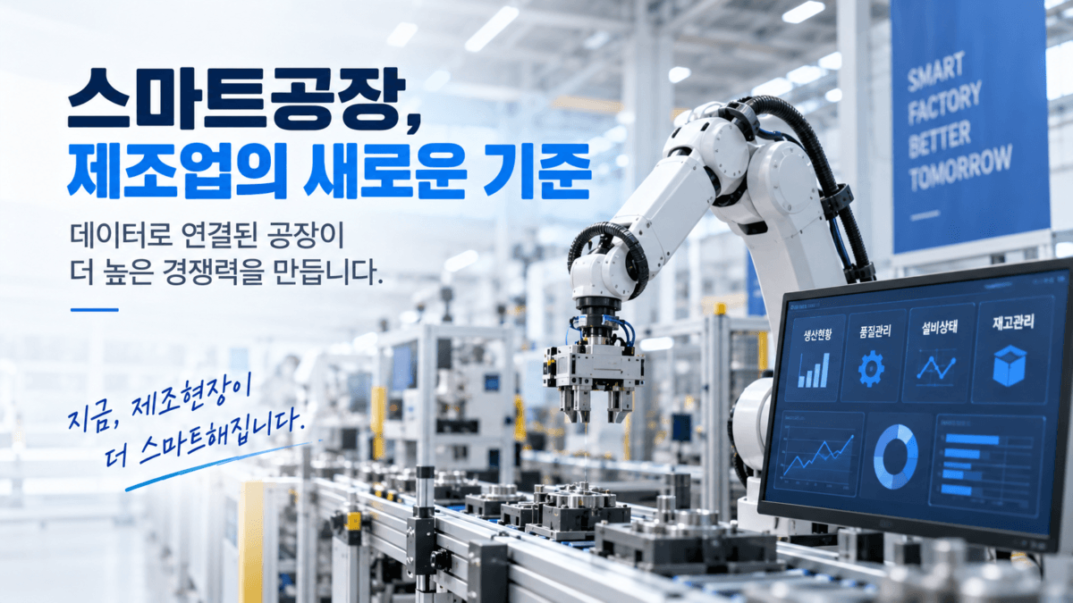 로봇들이 제조공정 라인에 깔려있고, '스마트공장, 제조업의 새로운 기준'이라고 적혀있다