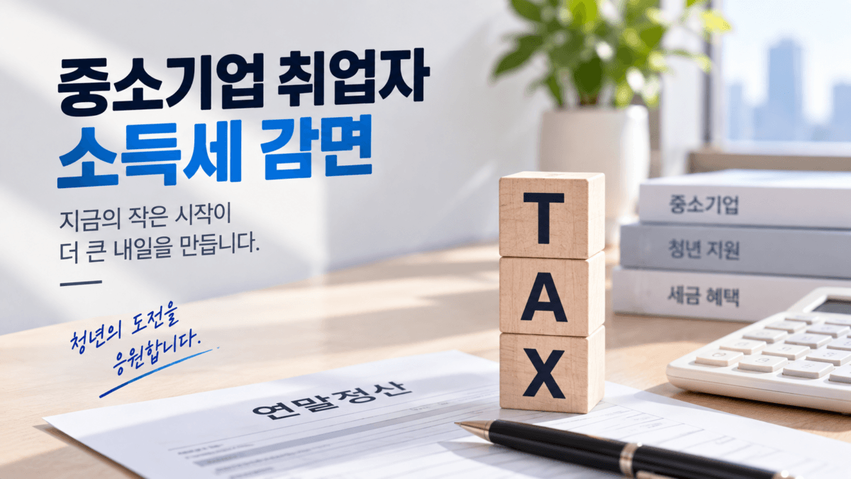 책상위에 책과 계산기가 놓여있과 tax라는 영어텍스트가 적혀있는 나무블록이 세워져있다. 벽에 중소기업 소득세 감면이라고 적혀있다.