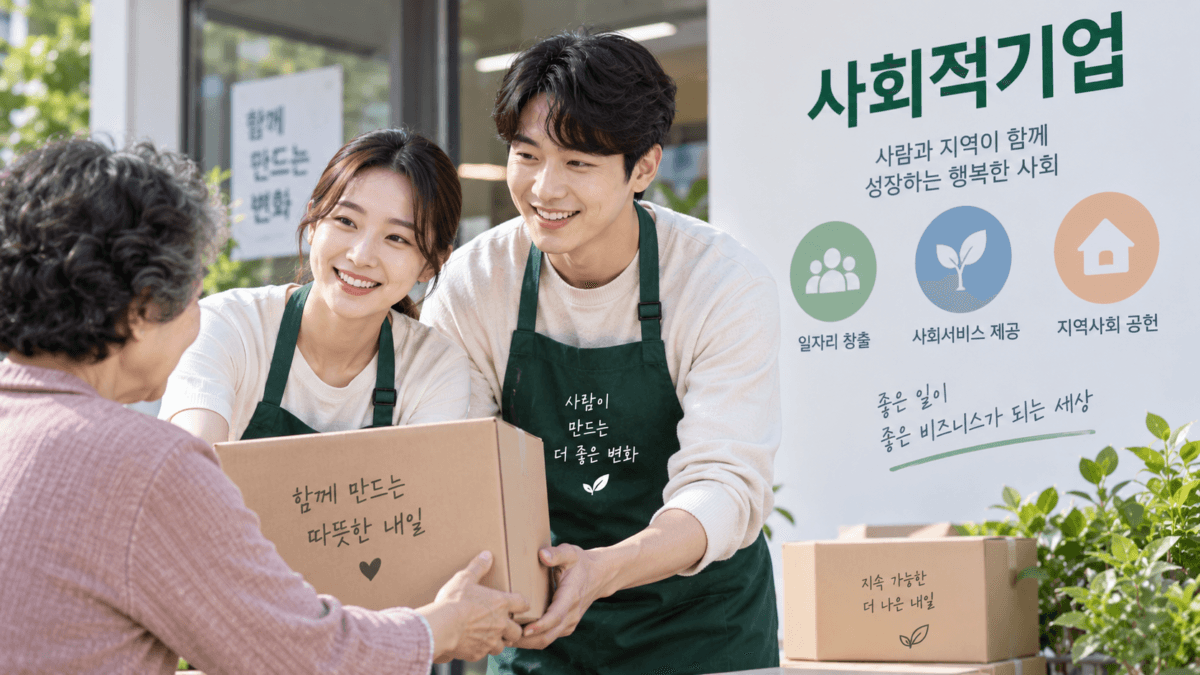 사회적기업 선정 업체 남녀 직원이 어려운 이웃에게 지원품을 전달하고 있다