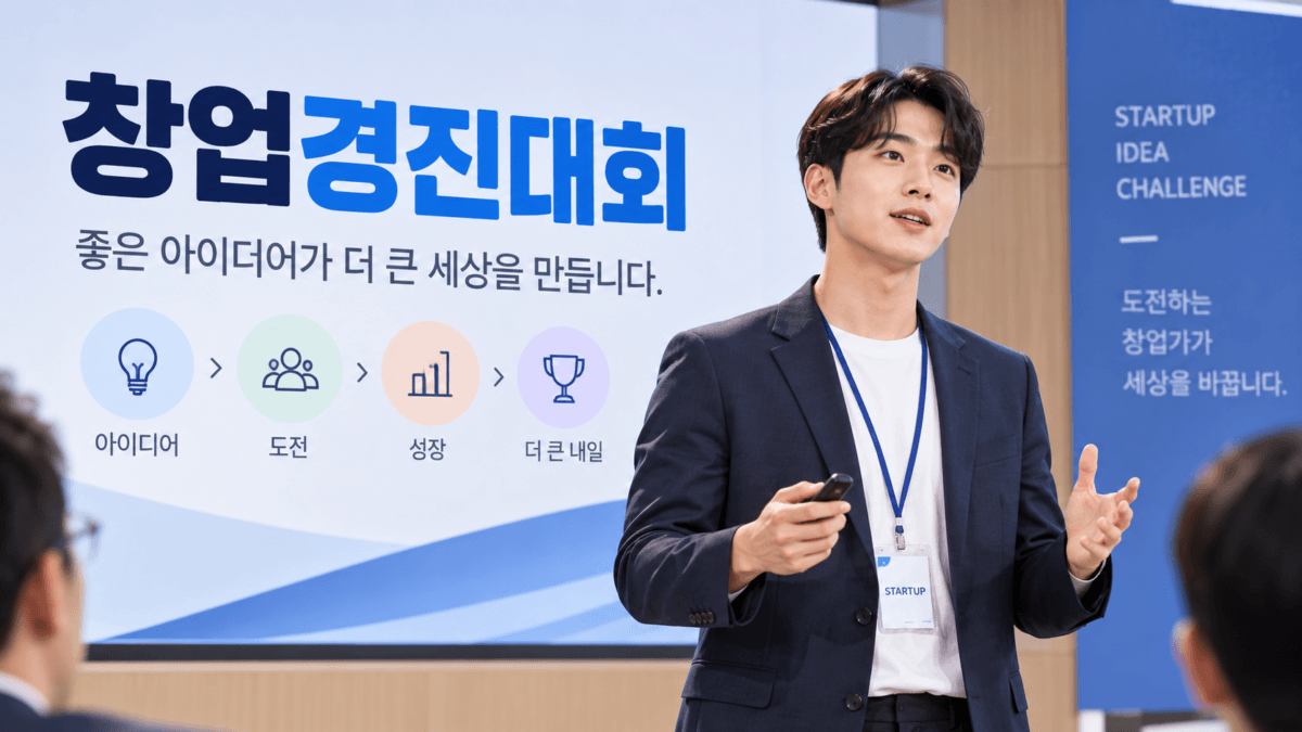 창업경진대회에 참석한 한 남성이 단상에서 발표를 하고 있다.