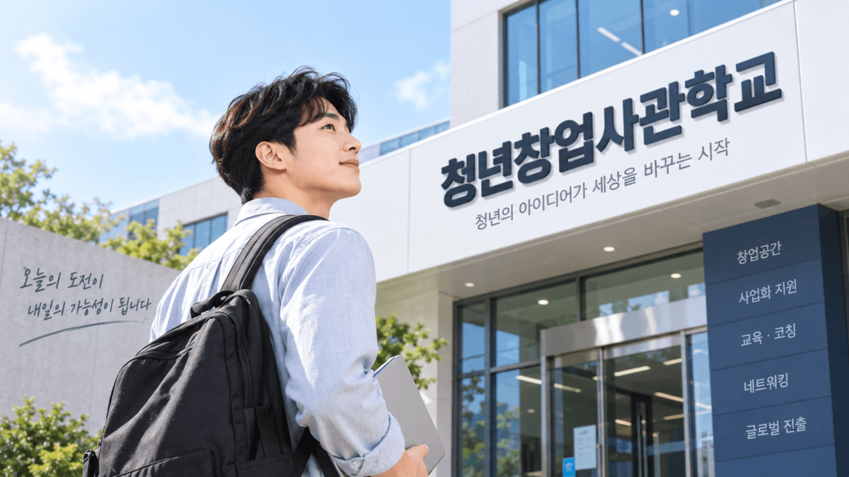한 청년이 가방을 메고 청년사관학교라고 적힌 건물로 들어가고 있다