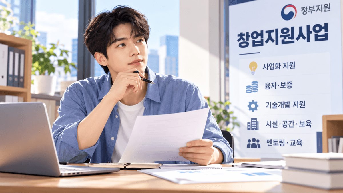 남성 청년이 노트북으로 청년창업지원금 조사를 하고 있고, 왼쪽에 창업지원사업 종류를 알리는 게시판이 보인다.