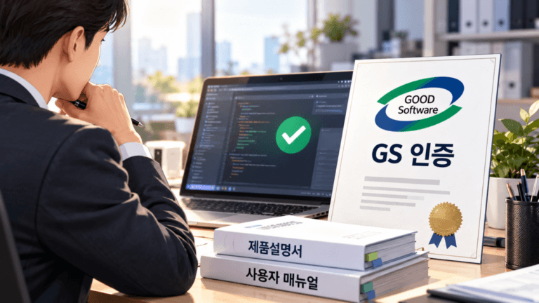 사무실 책상에서 한 남성이 노트북에 프로그램 화면을 보고있고, 그 옆에 GS 인증서가 보인다.