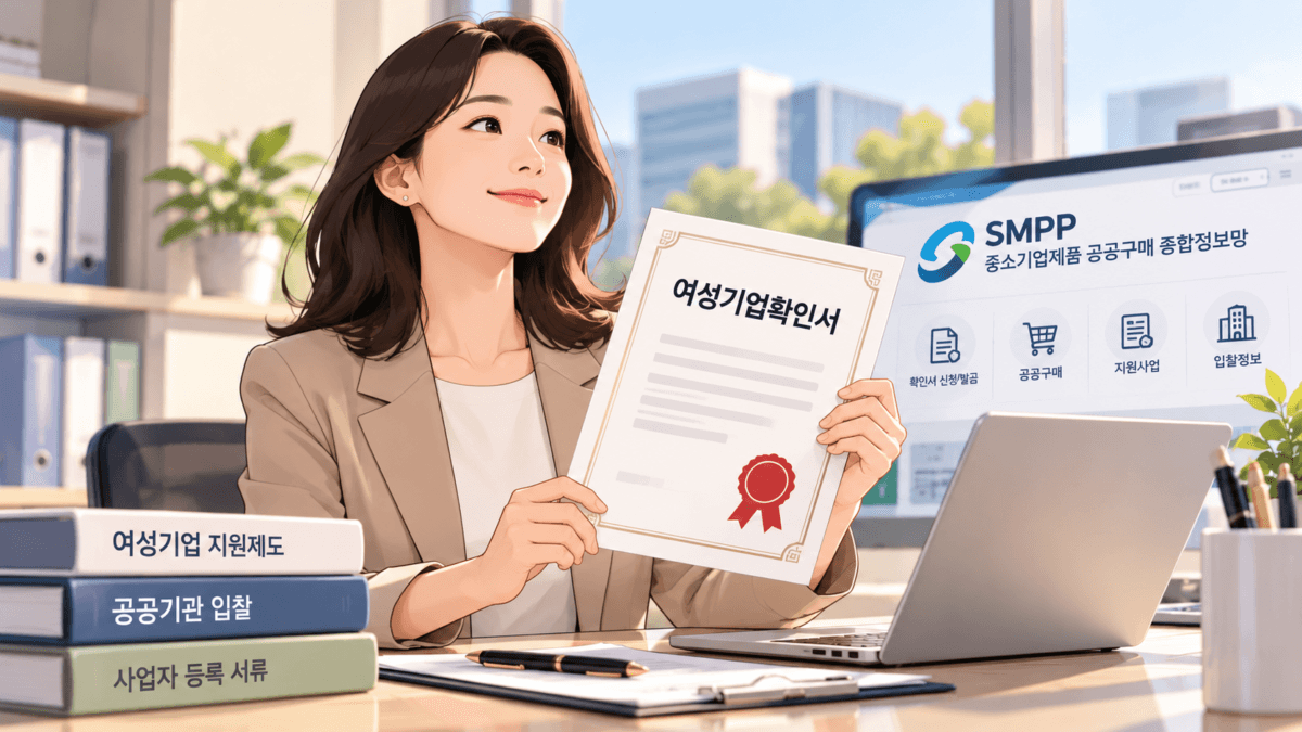 사무실 책상에 앉아 여성기업확인서 발급을 받고 좋아하는 여성 CEO.