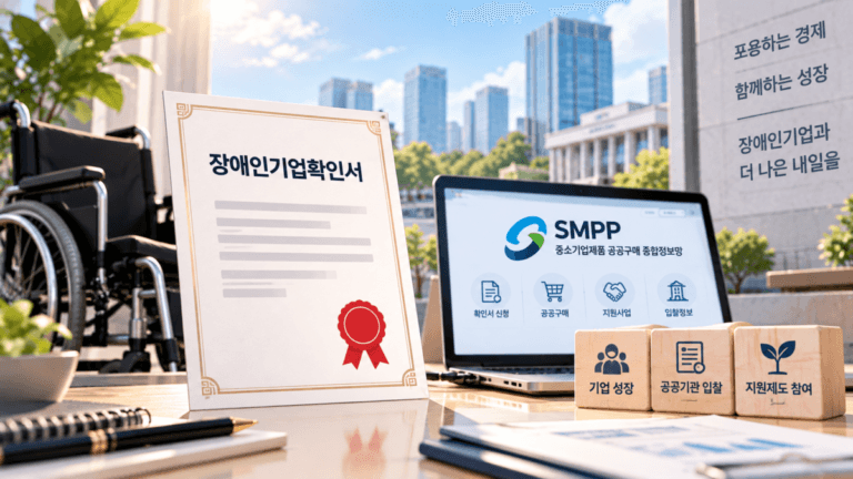 장애인기업확인서 발급되어 책상위에 놓여있다. 뒤 배경으로 휠체어어와 SMPP 홈페이지 화면이 보인다.